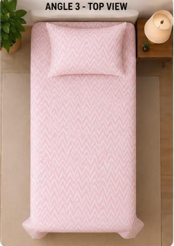 Image of 210 TC Glace Cotton Soft Cotton Zig Zag Design Flat Queen Size 60x90 inches Bedsheet Set - Lightweight & Durable 1 Bed Sheet with 1 Pillowcase 17x27 inches Pink