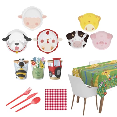 OH YEAH - Vajilla Fiesta de Cumpleaños Granja - Cumpleaños Infantil 12 Personas - 103 piezas - Decoración Vajilla Cumpleaños Infantil Temático - Kit Mesa Granja - Platos y Vasos para Cumpleaños