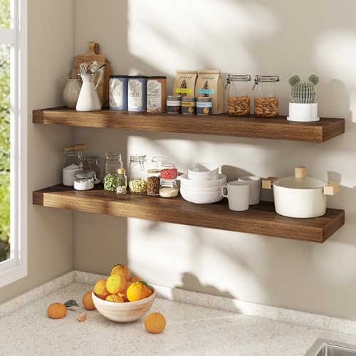 Image of Dreamland 48 Inch Floating Shelves for Wall,8 Inch Deep Floating Shelves,48 inch W x 8 inch D Wall Shelves for Bedroom,Living Room,Kitchen,Bathroom,Walnut,Set of 2