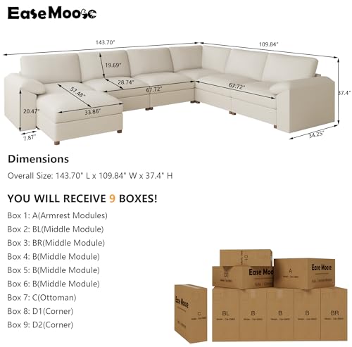 Image of EASE MOOSE Faux Leather Sectional with Ottoman, Oversized Modular Couch, Modular Sectional Sofa with Deep Seat, Scratch Resistant Faux Leather Material, U Shaped Couch for Big Spaces, Beige