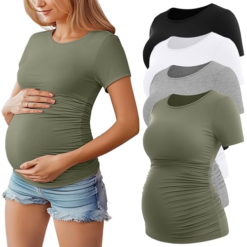 Image of Huukeay 4 Pack Women's Maternity Shirts, Crew Neck Maternity Top Short Sleeve Casual Cotton Tee Side Ruched Pregnancy Clothes