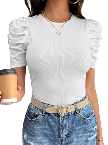 ANRABESS Women Puff Short Sleeve Crewneck Dressy Casual Tops Summer Fitted Ribbed Knit Trendy Work Shirts 2026 Spring Clothes White Medium