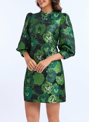 Ladyful Women's Floral Jacquard Shift Dress 2025 Long Puff Sleeve Button Up Elegant Cocktail Party Mini Dress2