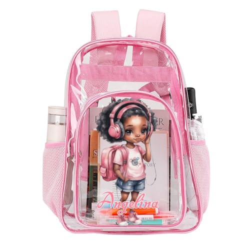 Personalized African Music Girl Clear Backpack PVC See Through Transparent Backpack for Girls Women with Name Reinforced Strap & Large Capacity Back to School Gifts - Clear/Pink2