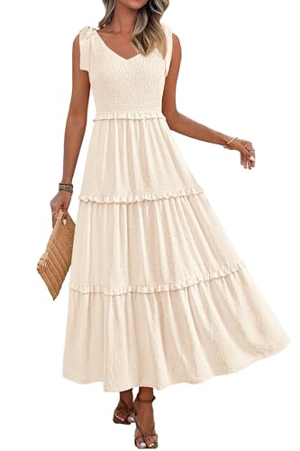 Okiwam Womens Summer Dresses 2025 Sleeveless Tie Strap Maxi Long Flowy Beach Sundresses Boho Swiss Dot Fall Wedding Dresses