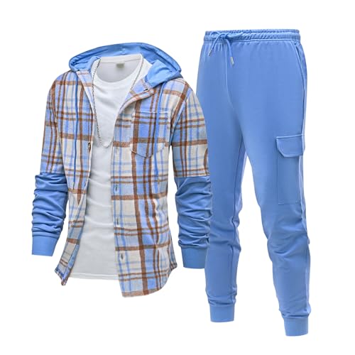 EDFTM Men's Outfits Sets Flannel Plaid Long Sleeve Hoodie and Cargo Sweatpants Men 2 Piece Sweatsuits for Outdoor, Loungewear Blue