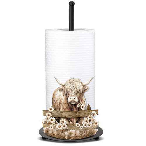 Shimeyao Highland Cow Metal Paper Towel Holder Farmhouse Highland Cow Kitchen Decor Accessories Large Metal Towel Holder Stand for Kitchen Bathroom Home (Rustic)