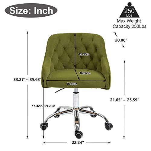 Home Office Velvet Desk Chair, Upholstered Task Chair Height Adjustable 360°Swivel Computer Chair With Armrest And Wheels For Living Room Study Room Bedroom (Green) #TOP2