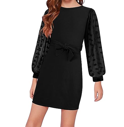 Girls Dress Kids Mesh Long Sleeve Dresses Self Belted Elegant Bodycon 7-14 Years2