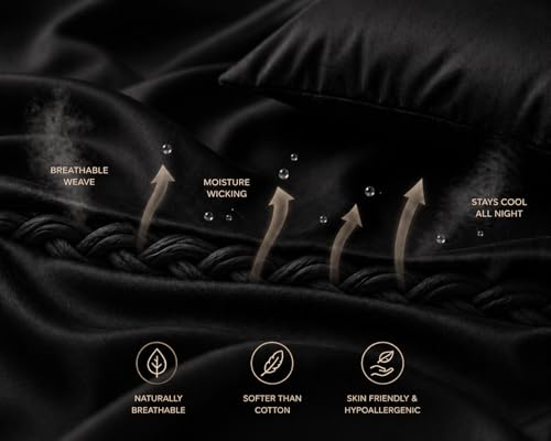 Image of Noare Luxury Bamboo Bedsheet Set - King Size, Mattress Fit, Ultra Soft Cooling Fabric, Oeko-TEX Certified, Skin-Friendly, Breathable & Durable | 1 Bedsheet + 2 Pillow Covers in Noir Black.