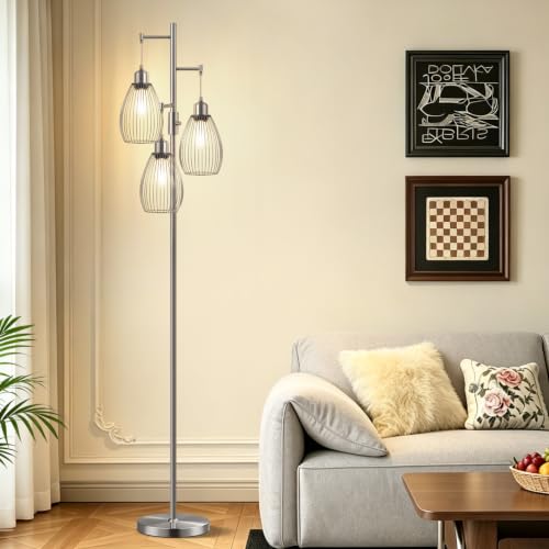 Image of Nintiue Dimmable Floor Lamp, 3 x 800LM LED Edison Bulbs Included, Industrial Floor Lamp Standing Tree Lamp with Elegant Teardrop Cage Heads Tall Lamps for Living Room Bedroom-Brushed Nickel