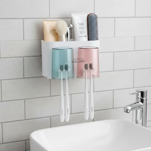 Image of Srxes Wall Mounted Toothbrush Holder, Bathroom Toothbrush Organizer with Mouthwash Cups, Brush Holder for Bathroom Wall Mounted, Tooth Brush Holder Bathroom, Toothbrush Holders for Bathroom Wall