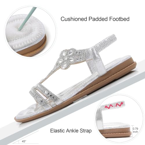 Image of iCKER Womens Rhinestone Strappy Flat Sandals Elastic Ankle Strap Open‑Toe | Sparkling,for wedding,party,evening dates,special occasion,Vacation,Formal