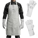 NEO TOOLS Schweißerschürze Leder 60 x 90 cm Set mit Schweißerhandschuhen Größe 10 Rindsspaltleder Schutzschürze für Schweißer Schlosser Schmiede Hitzeschutz Funkenflug Grau