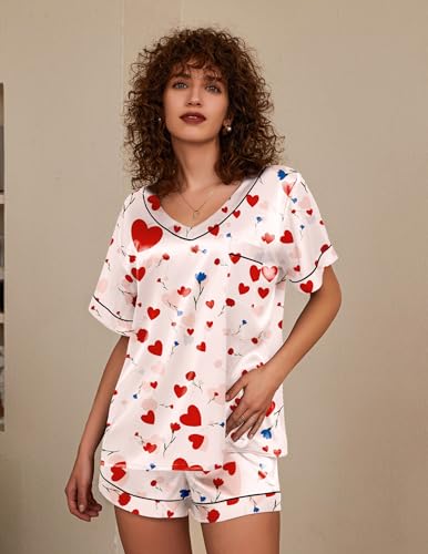 Image of Ekouaer Silk Pajama for Women Short Sleeve Satin Pj Set Two Piece Soft Sleepwear Loungewear S-XXL