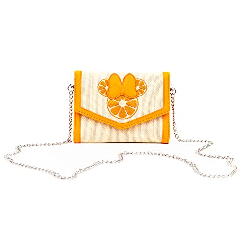 Disney Bag, Horizontal Fold Over Crossbody, Minnie Mouse Embroidered Citrus Ears with Bow Orange, Raffia Straw4