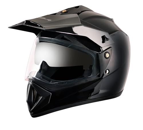 Off Road ISI Certified Gloss Finish Full Face Dual Visor with Peak Helmet for Men and Women Outer Clear Visor and Inner Smoke Sun Visor(Black, Size:M)