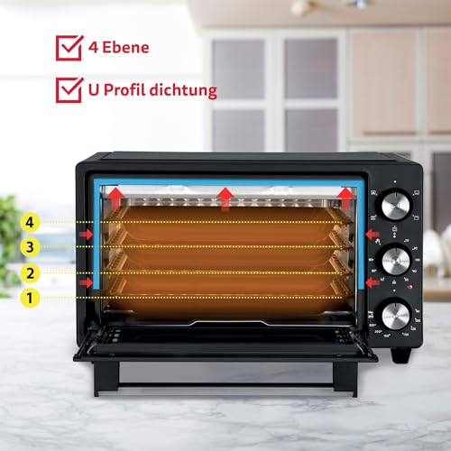 Foto von ICQN Minibackofen 20L, Pizza-Backofen, Ober-/Unterhitze mit Umluft-Funktion, 5 Grill-Funktion, 90 Min. Timer, 1500 W, Mini Oven, 80°-240°C, Backblech/Grill/Krümelblech und Blechhalter, Schwarz