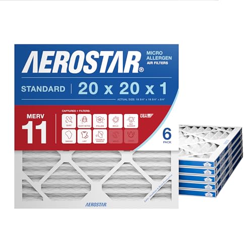 Aerostar 20x20x1 MERV 11 - 6 Count - Pleated HVAC, Furnace & Air Conditioner Filters - Removes Dust, Cold & Flu Germs, Lint, Mold, Pet Dander, Allergy-Causing Pollen, Smog & Smoke