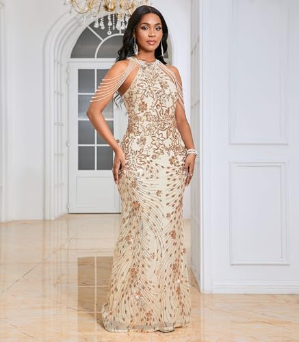 Image of Cololura Women Sequin Halter Tassel Mermaid Formal Maxi Dress Evening Gown
