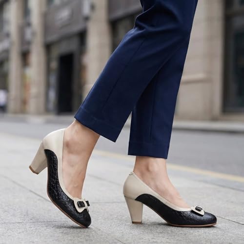 Image of Mona flying Women's Leather Chunky Pumps Dress High Heel Office Work Shoes