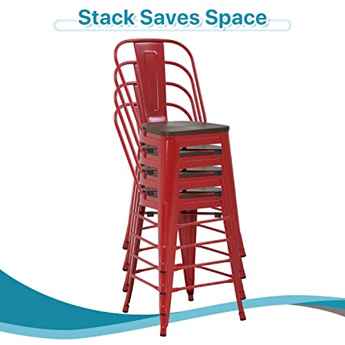 Metal Bar Stools Set Of 4, 24 Inch Counter Height Bar Stools With Removable Back Modern Bar Stools Farmhouse Bar Stools Kitchen Dining Bar Chairs High Back Bar Stools, Red #TOP4