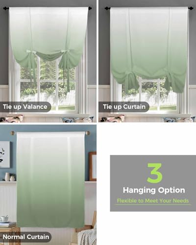 Artshowing LYH-2024-08-30-BTD-SWXF07618CLZFASG Ombre Sage Green Tie Up Curtains For Windows 45 Inch Length Balloon Curtains Kitchen Adjustable Balloon Window Shade Modern Gradient Green Tie Up Valance Bathroom Curtain Window 52 Inchx45 Inch thumb #4