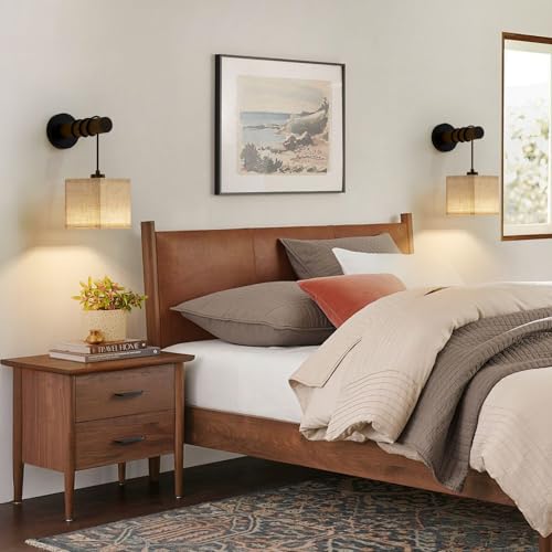 Image of XSDeTu Battery Operated Wall Sconces Set of 2, Modern Rechargeable Wall Mounted Lamps with Remote Control, Adjustable 3 Colors Dimmable Wall Lights for Bedroom, Wooden Arm, Hexagonal Fabric Shade