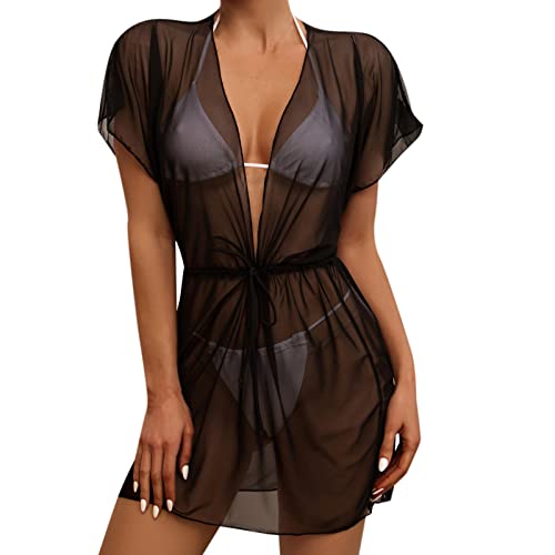ROSVAJFY Sexy Transparentes Netz Strandkleid Damen Bikini Cover Up V-Ausschnitt Kurzärmliger Badeanzug Überwurf Sommer Strandbluse Kordelzug Taille...