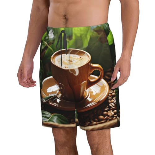 Men's Swim Trunks Quick Dry Bathing Suits Coffee and Green Leaves Beach Board Shorts Swimwear with Pockets2
