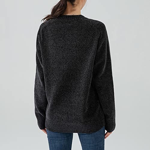 Image of Simple&Opulence Women's Chenille Sweater Crewneck Long Sleeve Pullover Ribbed Cuff Hem Round Neck Jumper Tops