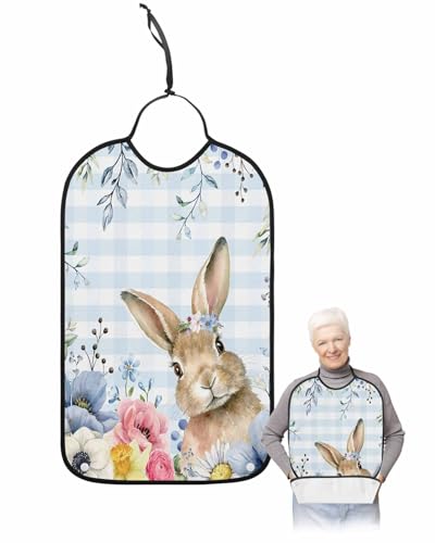 LEOKOTI Blue Easter Bunny Adult Bibs for Eating, Waterproof Bibs with Food Catcher & Adjustable Snap Closure, Spring Floral Botanical Watercolor Washable Clothing Protectors Adult Bibs for Elderly