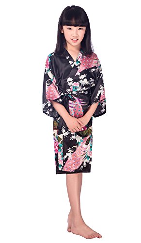 HonourSport Kimono Japonais Imprimé Peignoir Long Robe de Chambre Enfant Fille(Noir, 6) Cover