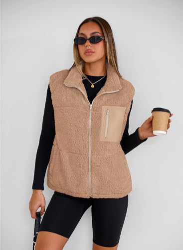SimpleFun Women's Fuzzy Fleece Vest Trendy Zip Up Sleeveless Sherpa Jacket Stand Collar Winter Coat Outerwear with Pockets2