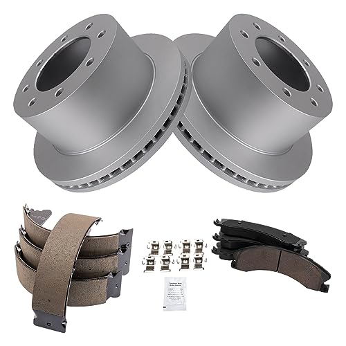 Image of TRQ Rear Brake Pad & Rotor Kit Parking Brake Shoe Set Ceramic Premium G-Coated Compatible with 2013-2017 Chevrolet Silverado 3500 HD GMC Sierra 3500 HD