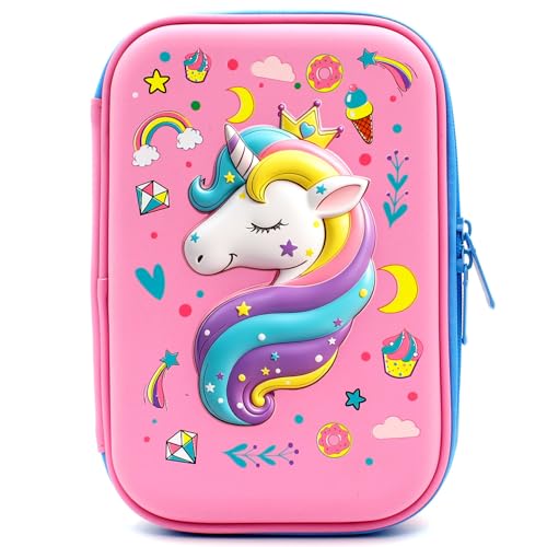 SOOCUTE Presentes De Unicórnio Para Meninas - Estojo Rígido Grande E Fofo Com Compartimento, Organizador Material Escolar Infantil, Caixa Papelaria Zíper (Rosa Claro)