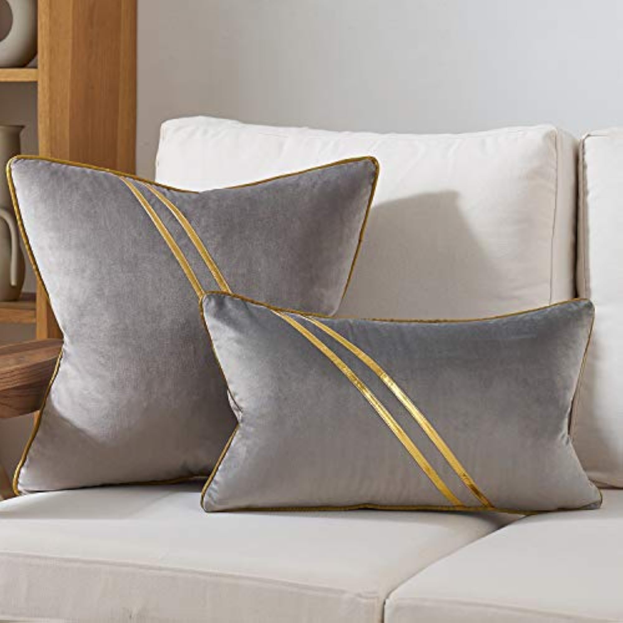 Gray Gold Leather Striped Lines Velvet Cushion Case