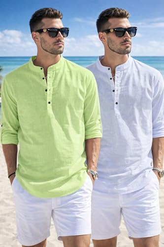 Image of Men's Cotton Blend Straight Kurta Shirt Combo with Mandarin Collar - Slim Fit Casual Short Kurti Set Featuring Textured Slub Fabric and Roll-Up Full Sleeves