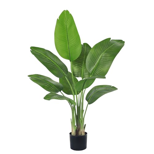 Bird of Paradise Artificial Banana Tree, 4Ft Tall Faux Plant, Fake Banana Leaf Plant Indoor, Faux Palm Tree Floor Plants TropicalTree in Pot, Present for Friend Housewarming Decor