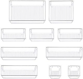 Evance 10pcs Clear Drawer Organizer, Desk Drawer Organizer Trays with 5-Size Plastic Storage Boxes Divider, Versatile Drawer Dividers Makeup Organiser Set (Clear)