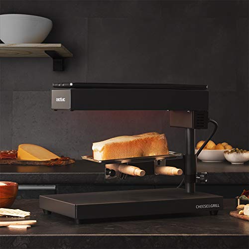 Cecotec Raclette Cheese&Grill 6000 Schwarz. Leistung 600W, Grillfunktion, Edelstahl-Finish, verstellbares Thermostat, 2 Holzspatel, antihaftbeschichteter oberer Grillrost