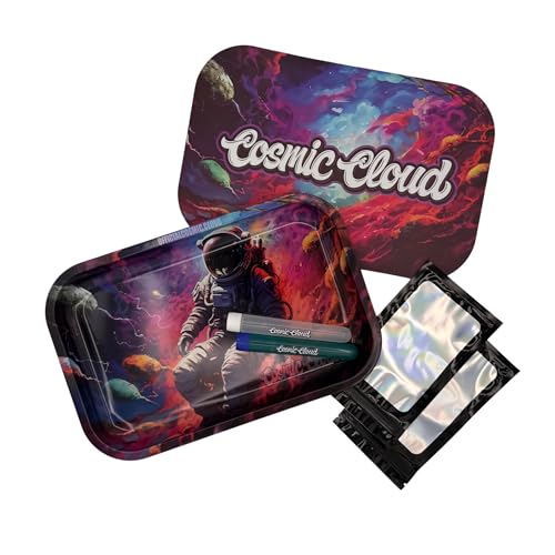 Cosmic Cloud Spaceman Rolling Tray Set - 11'' x 7'' Tray with Lid, 2 Rolling Tubes & 2 Smell-Proof Mylar Bags - Portable, Stylish & Convenient for On-the-Go Use