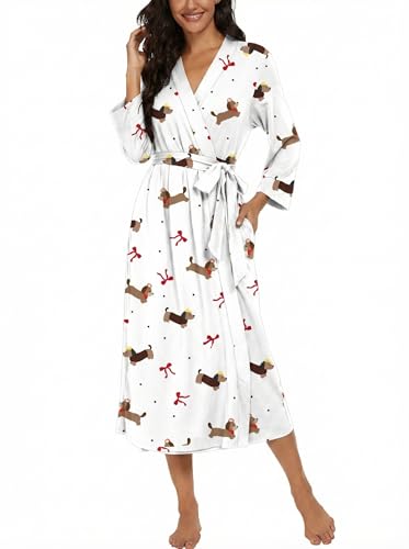 Image of VINTATRE Robes for Women Long Knit Bathrobe XS-4XL | 3 /4 Sleeve Bathrobes with Pockets, Stretchy and Lightweight Fabric, Inner Tie and Fixed Outer Belt, Mid Calf Length