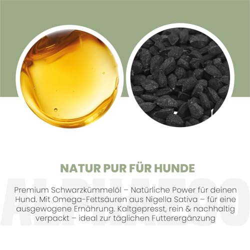 alphazoo Premium Schwarzkümmel-Öl für Hunde 100ml – Kaltgepresstes Natur-Futteröl mit Omega-6 & Omega-9, unterstützt Fell, Haut & Immunsystem