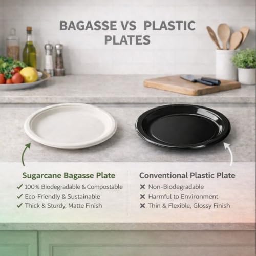 Image of Eco Aaroyaa Round Bagasse 6-Inch Disposable Plates - Eco-Friendly Disposable Plate for Food - Biodegradable Use and Throw Plates - Strong and Sturdy, Oil & Water Resistant (Pack of 50)