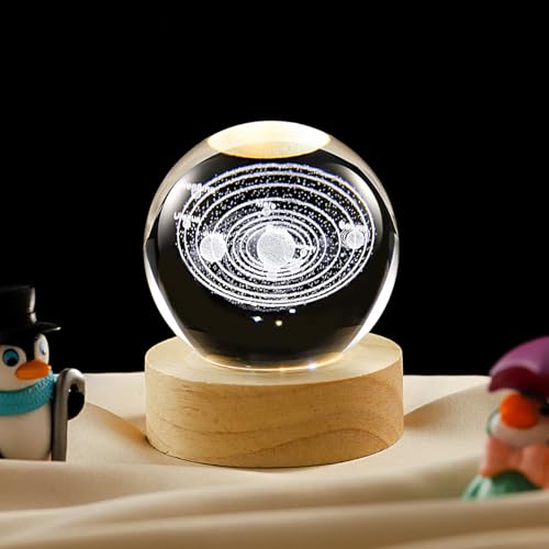 Image of 3D Solar System Crystal Ball Lamp with Dimmable LED and Wooden Base, Night Light for Kids Teens Adults, Home Desk Office Bedroom Decor, Birthday Gift (2.4 inch / 6cm)
