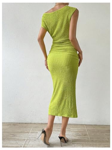 Image of SOLY HUX Women's Off Shoulder Short Sleeve Ruched Bodycon Dress Pencil Midi Dresses Solid Green Large