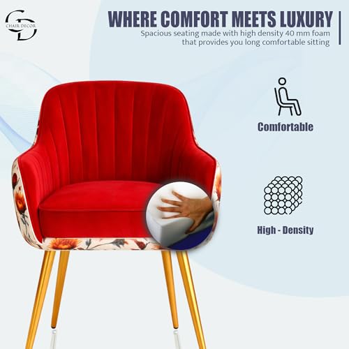 Image of Velvet Accent Chair | Luxury Upholstered Armchair with Sturdy Metal Legs | Modern Comfortable Chair for Living Room, Bedroom, Office, or Cafe (Golden Legs, Red Floral)