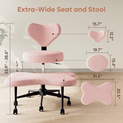 Image of Pinmoco Ergonomic Cross Legged Chair, 360 Swivel Meditation Chair with Wheels, Height Adjustable Seat for ADHD, Strong Lumbar Support, Chic Home Office Furniture, Teddy Fabric, Pink