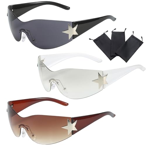 Hachera 3 Pièces Lunettes De Soleil Y2k Enveloppant, Lunettes De Soleil Sans Monture, Lunettes De Sans Monture Pour Femme Homme Protection Uv Convient Pour l'Extérieur, La Plage